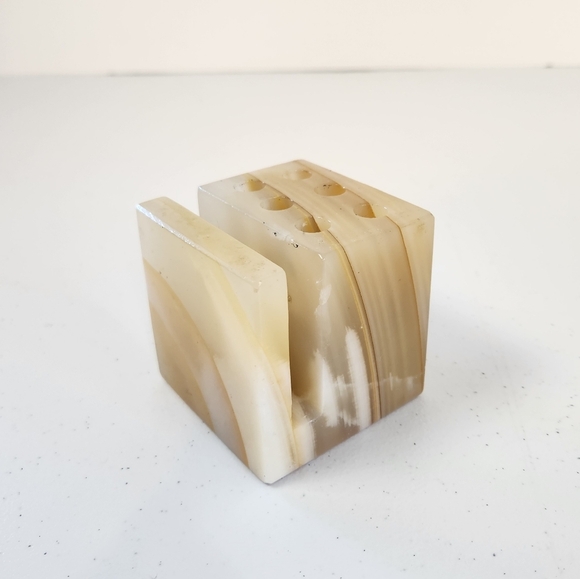 Vintage Green Tan Brown Onyx Desk Letter Pen Pencil Holder Caddy 2.75"x2.75" MCM - Picture 1 of 8